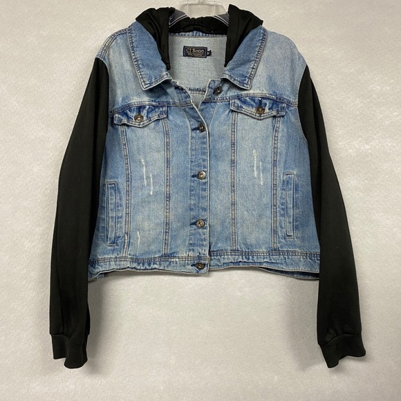 VTG Ci Sono Jacket Women's 3X Jean Denim Hooded Distressed Button Up Cropped - Picture 1 of 16